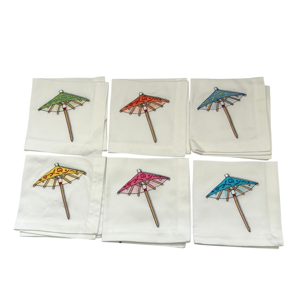 Nancy Green for Crate & Barrel Parasol Cocktail Napkins Set of 6 Embroidered
